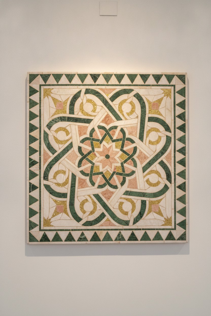 Yeşil, altın ve pembe mermer ile örülmüş geometrik yıldız desenli bitmiş mozaik pano